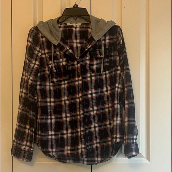 Miss Selfie Tops - Plaid Button Down Shirt with Hood